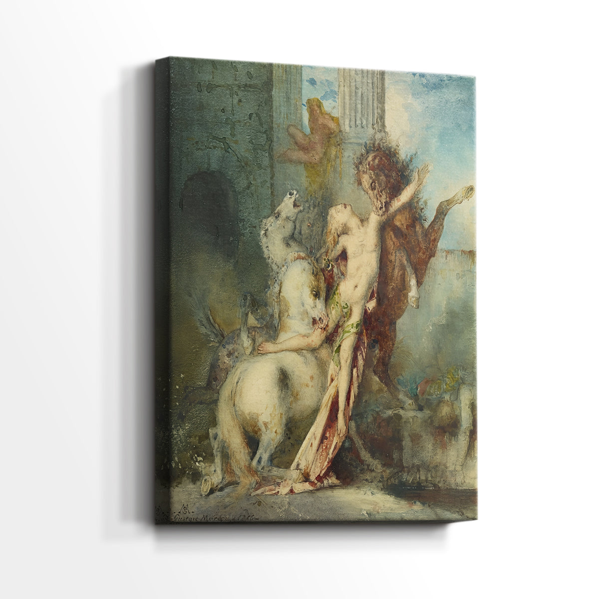 Side view of a canvas art print of a vivid scene with figures and animals in dynamic motion, showing gallery-wrapped depth.