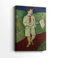 Side view of a canvas art print of a stylized figure with simple forms and vivid palette, showing gallery-wrapped depth.
