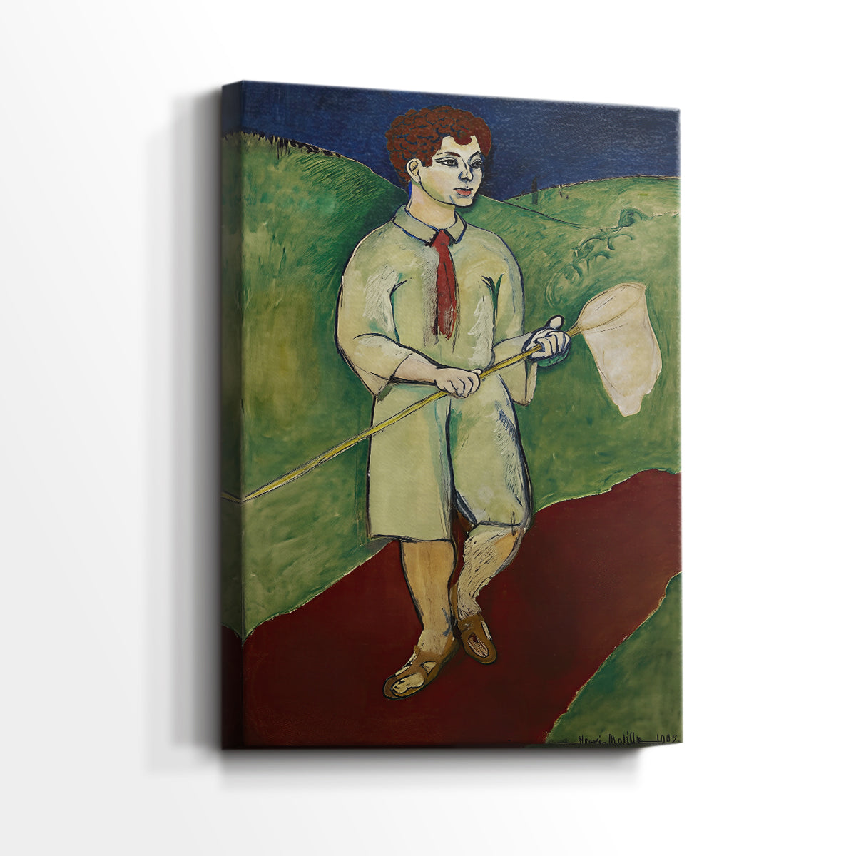 Side view of a canvas art print of a stylized figure with simple forms and vivid palette, showing gallery-wrapped depth.