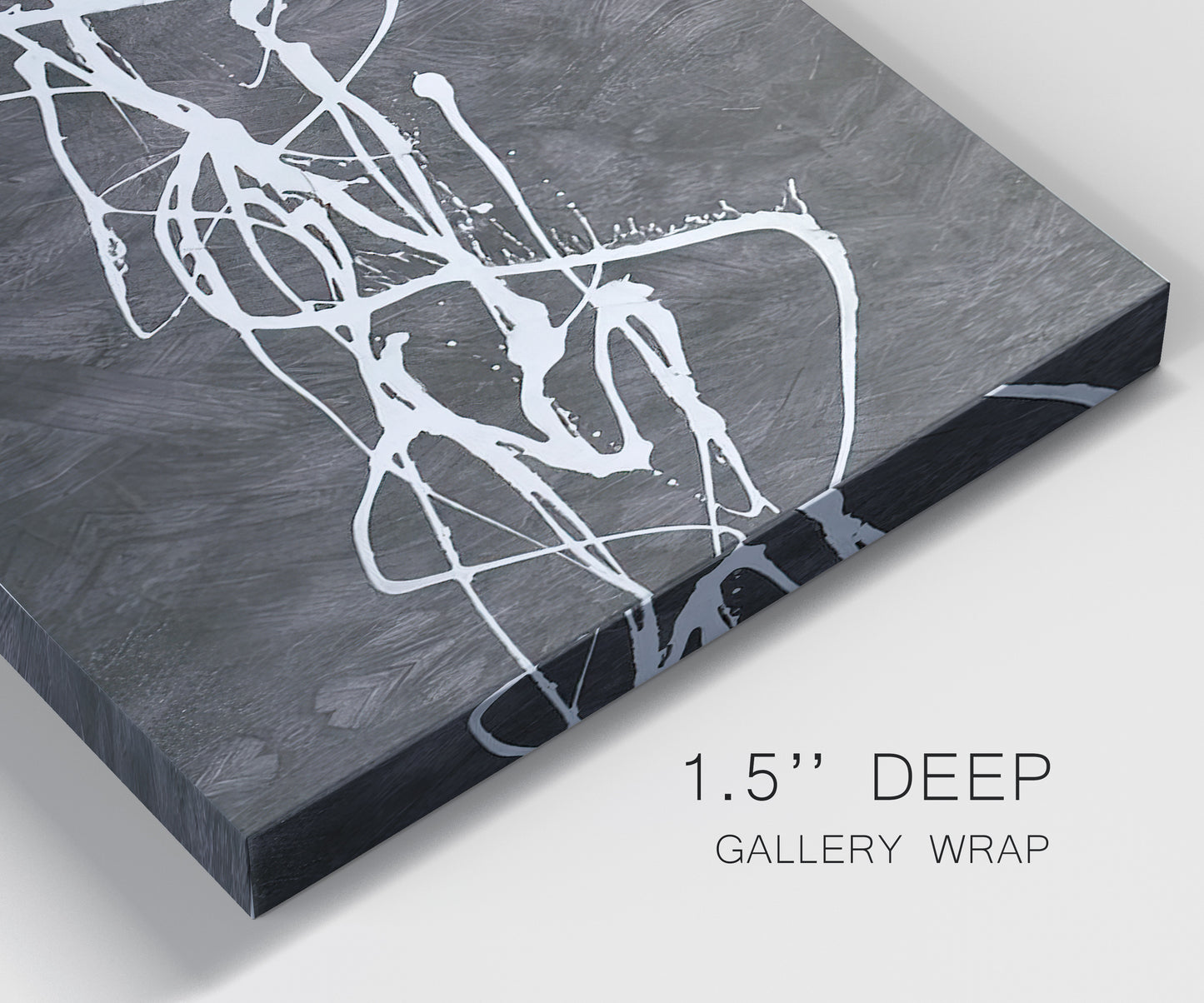 Close-up view of wrapped canvas corner featuring minimal abstract frequency lines.