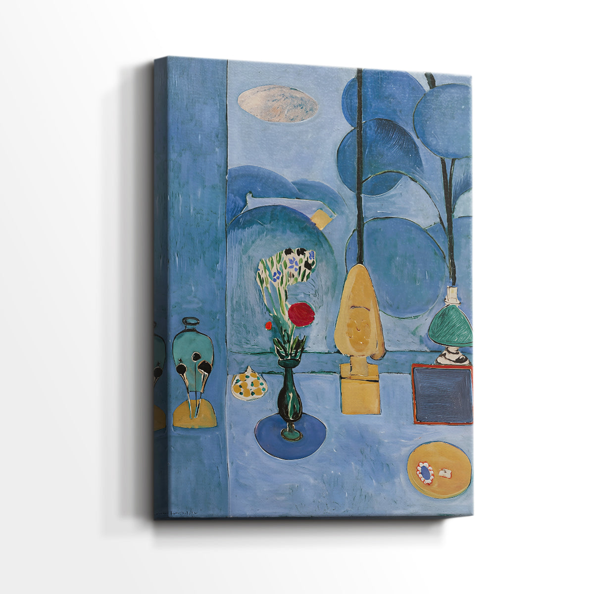Side view of a canvas art print of a decorative still life with strong color contrast and pattern, showing gallery-wrapped depth.