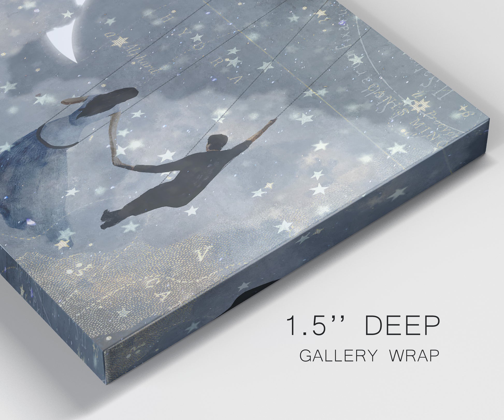 Close-up view of wrapped canvas corner featuring surreal celestial romantic scene.