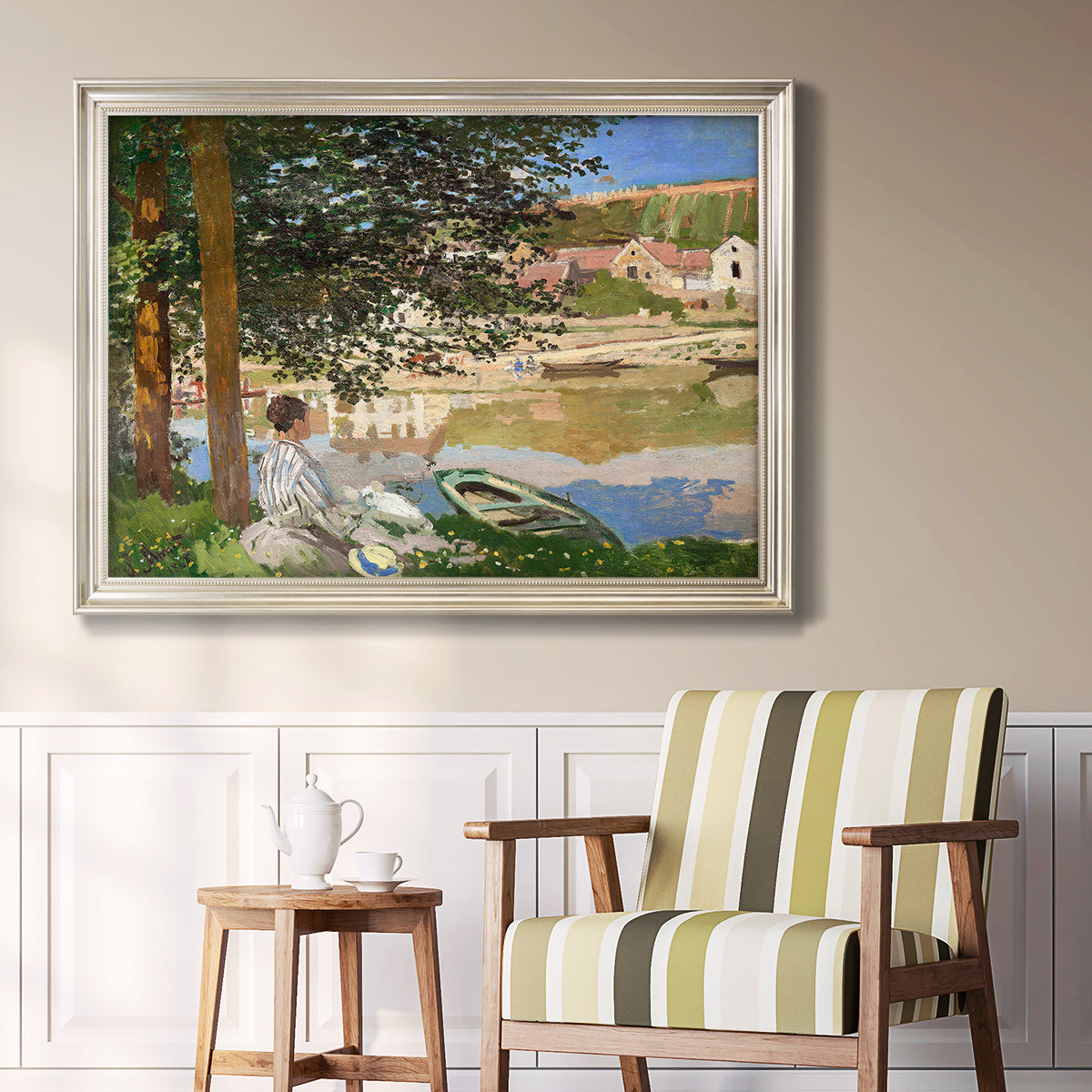 On the Bank of the Seine, Bennecourt - Ornate Framed Canvas Print