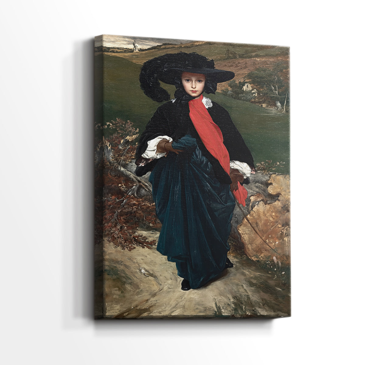Side view of a canvas art print of a refined portrait with delicate features and smooth tones, showing gallery-wrapped depth.