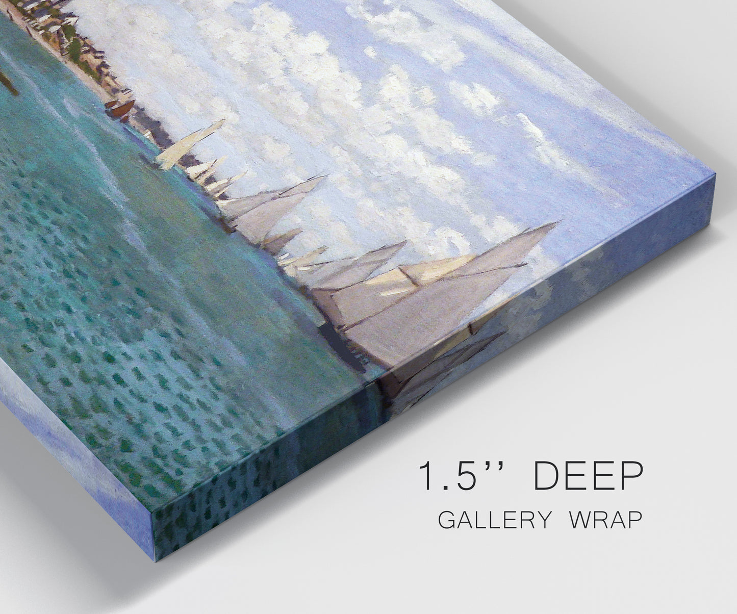 Close-up view of wrapped canvas corner featuring river basin with boats.