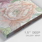 Close-up view of wrapped canvas corner featuring pastel peony flower composition.