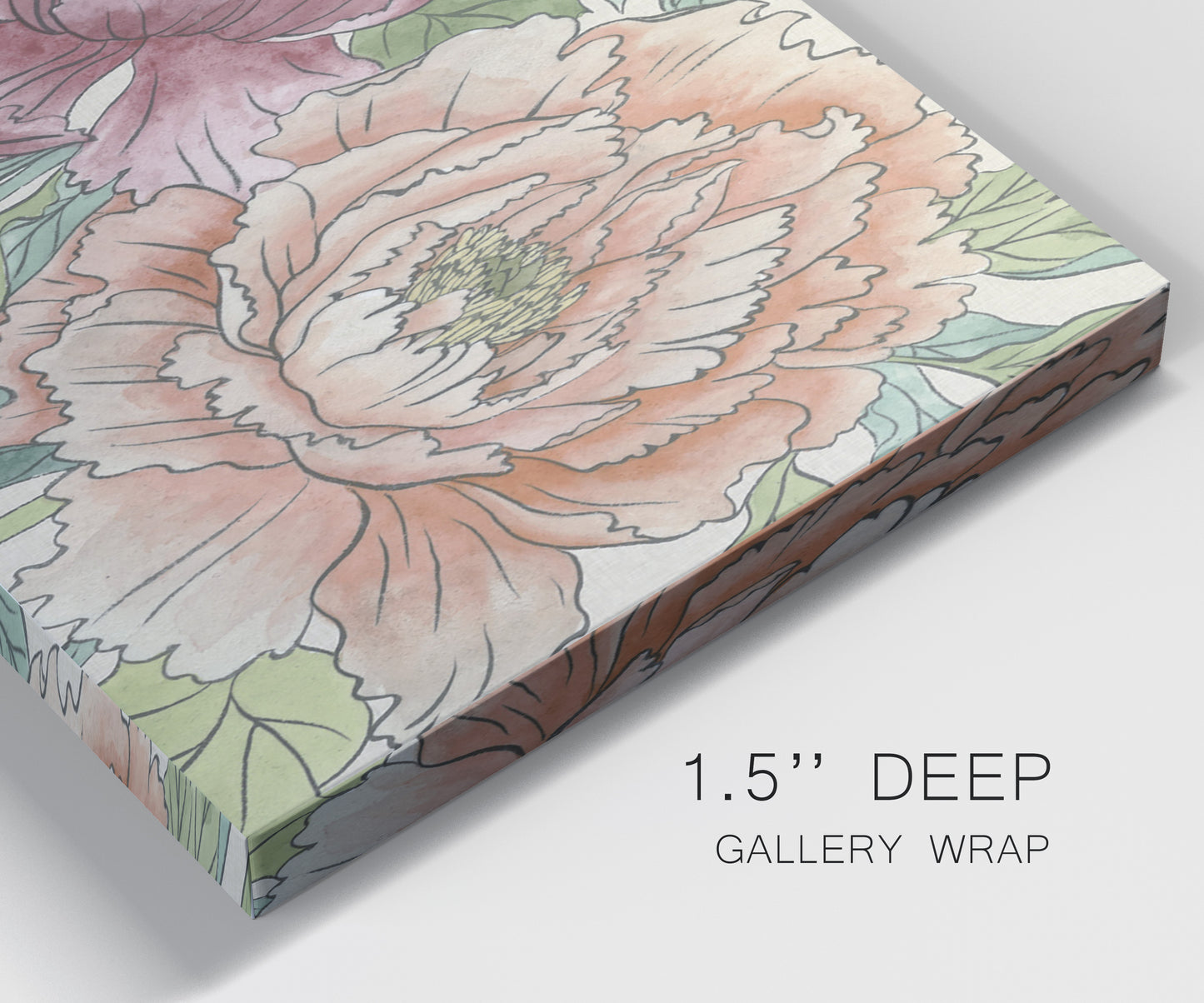 Close-up view of wrapped canvas corner featuring pastel peony flower composition.