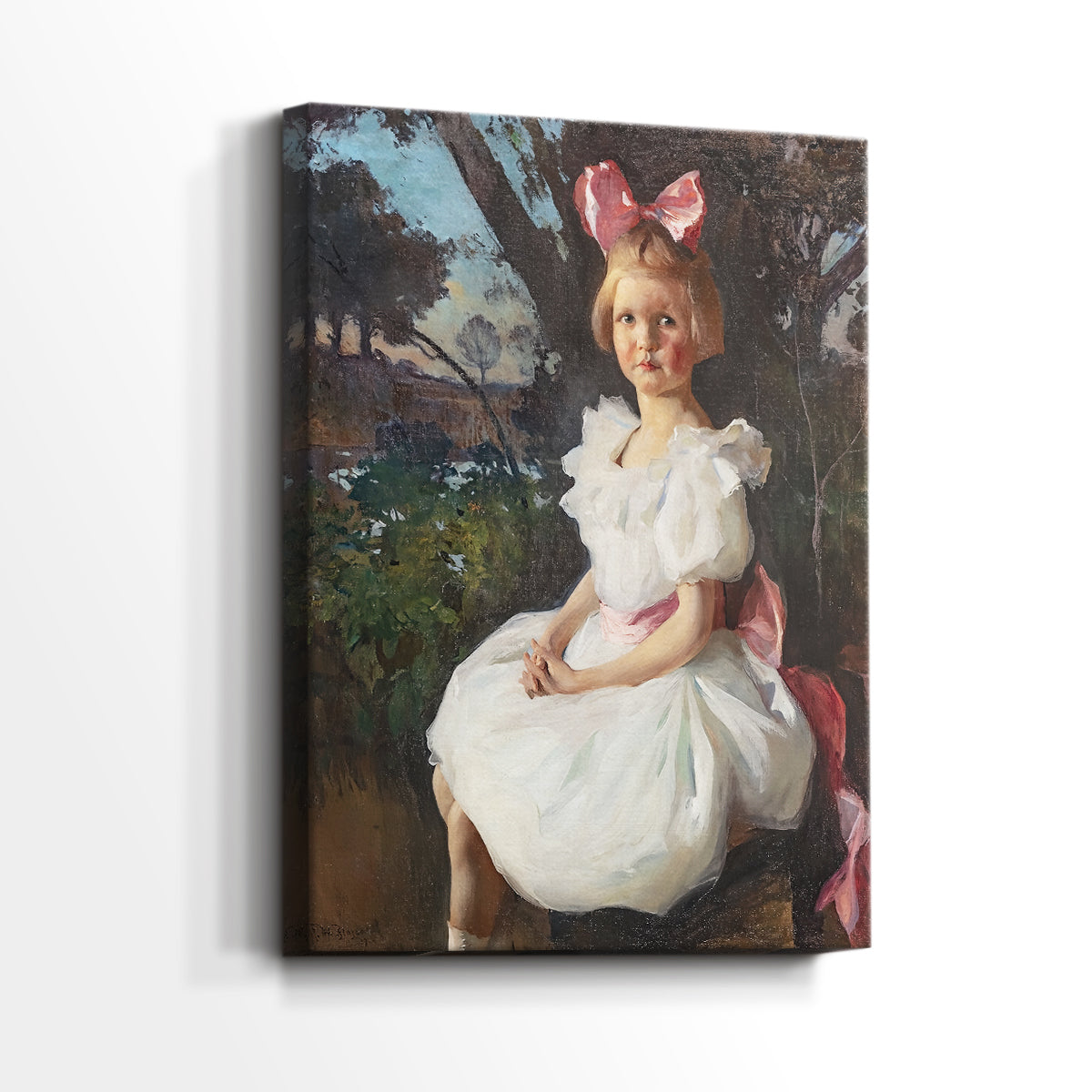 Side view of a canvas art print of a refined portrait with smooth shading and calm presence, showing gallery-wrapped depth.