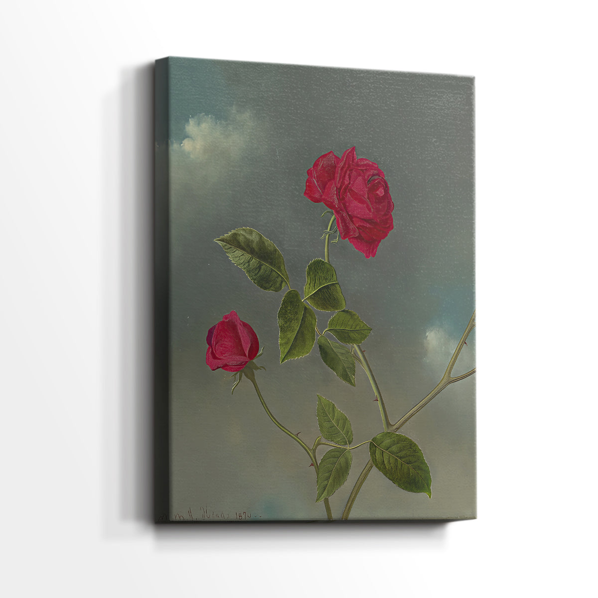 Side view of a canvas art print of a calm arrangement with soft highlights and detail, showing gallery-wrapped depth.