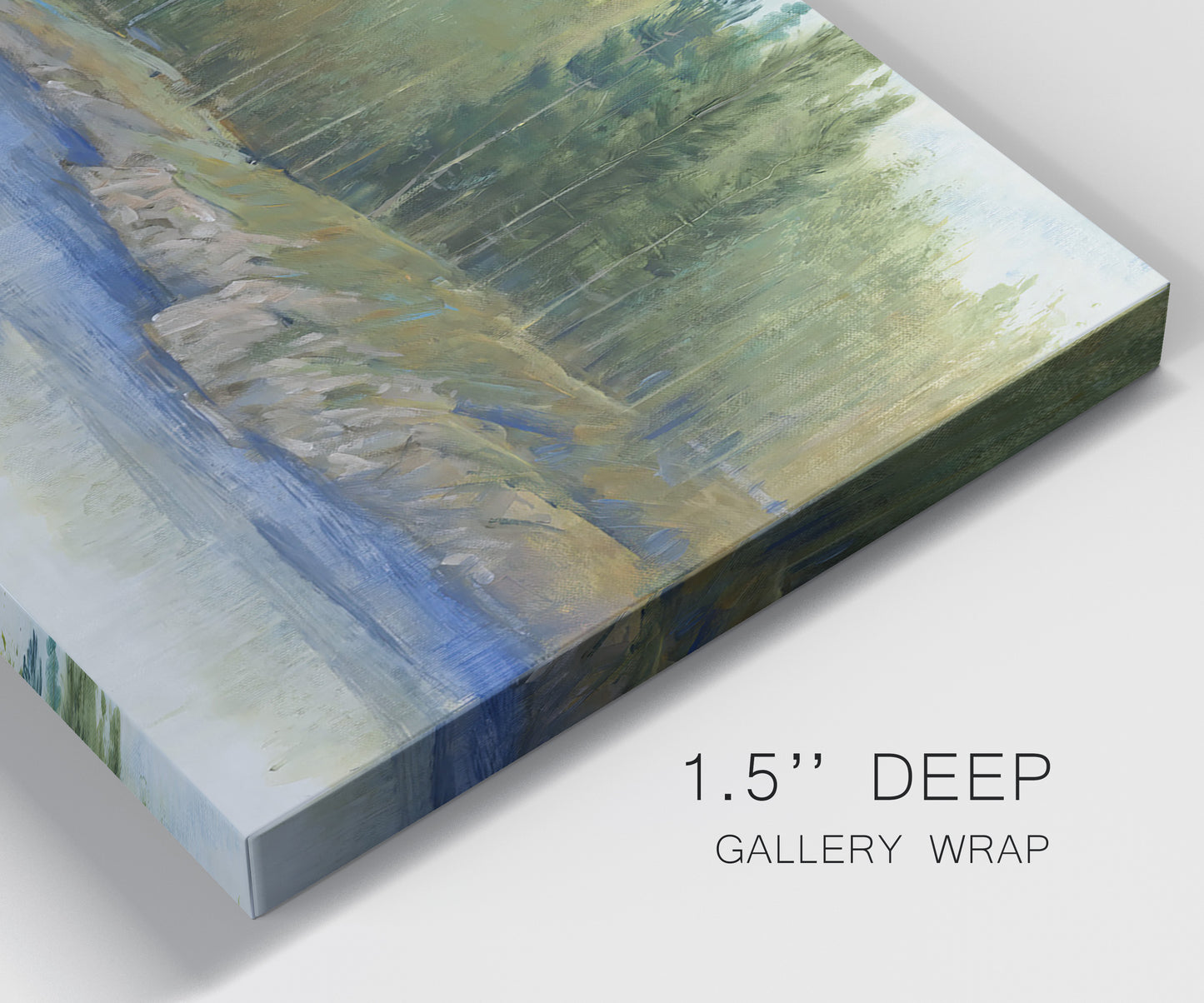 Close-up view of wrapped canvas corner featuring riverbank landscape with trees.