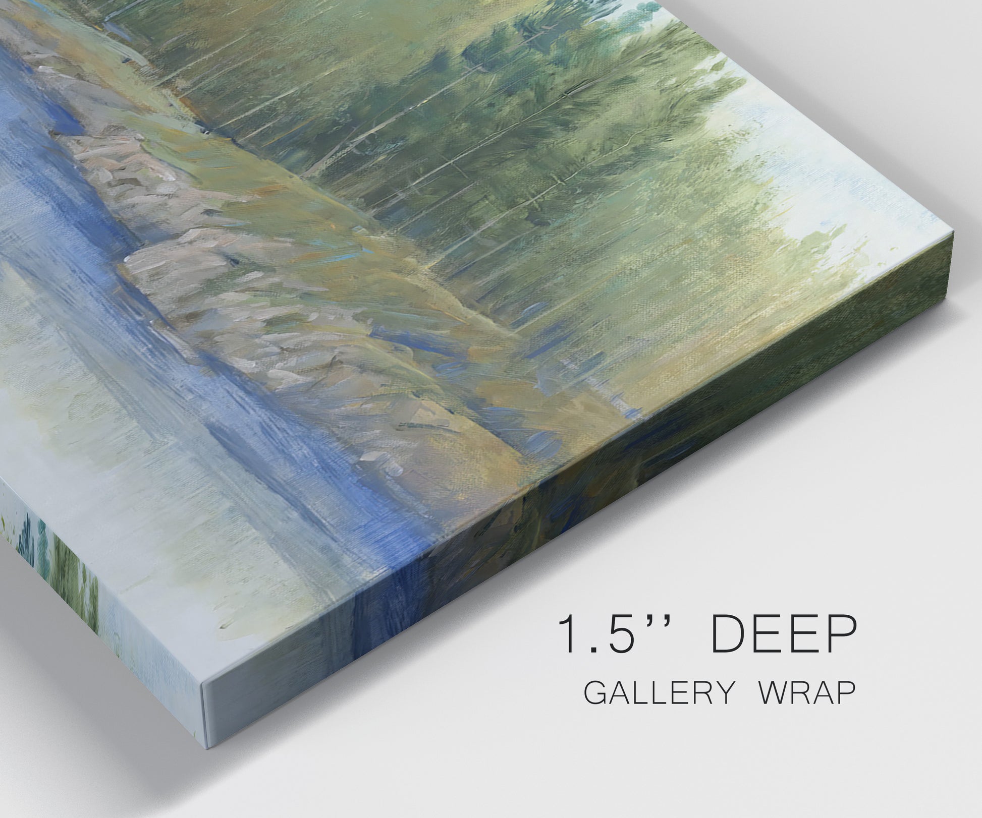 Close-up view of wrapped canvas corner featuring riverbank landscape with trees.