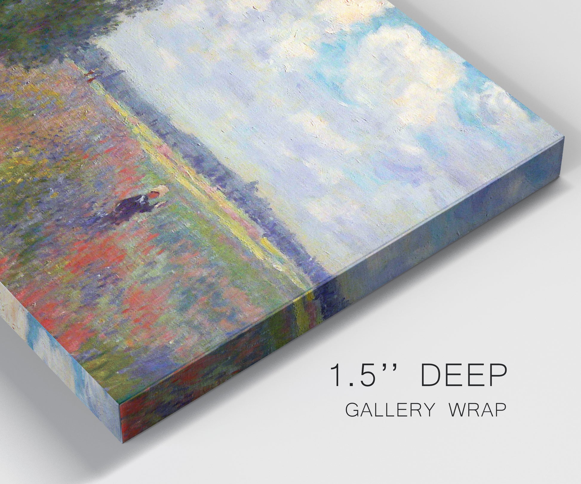 Close-up view of wrapped canvas corner featuring poppy field in open countryside.