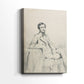 Side view of a canvas art print of a simple portrait with subtle detail and calm expression, showing gallery-wrapped depth.