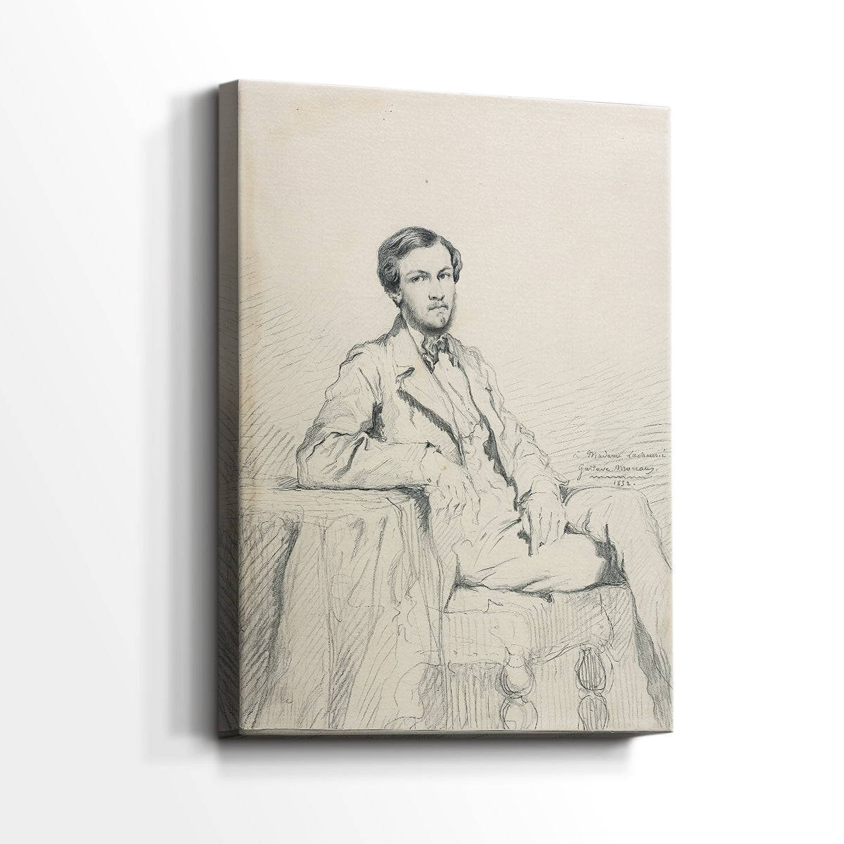 Side view of a canvas art print of a simple portrait with subtle detail and calm expression, showing gallery-wrapped depth.