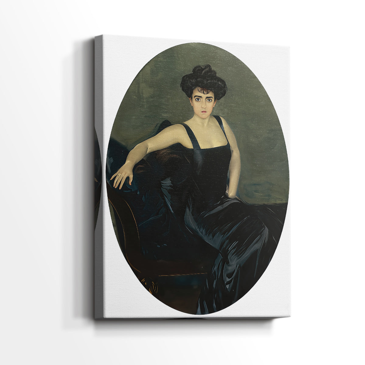 Side view of a canvas art print of a classic portrait with subtle shading and gentle contrast, showing gallery-wrapped depth.
