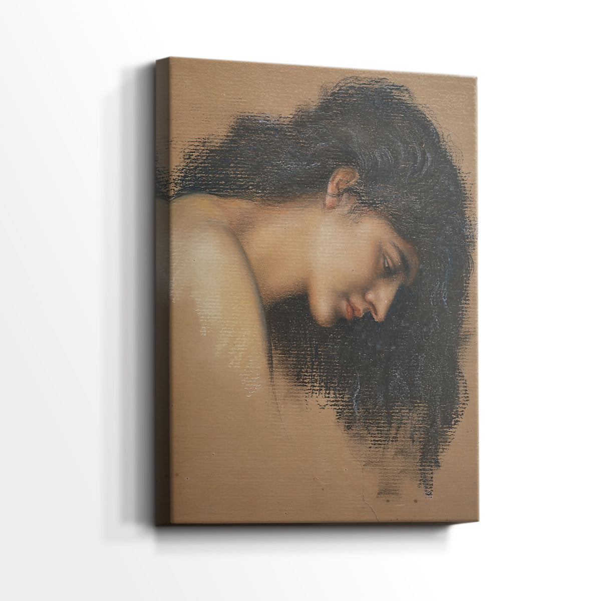 Side view of a canvas art print of a refined head study with gentle color transitions, showing gallery-wrapped depth.