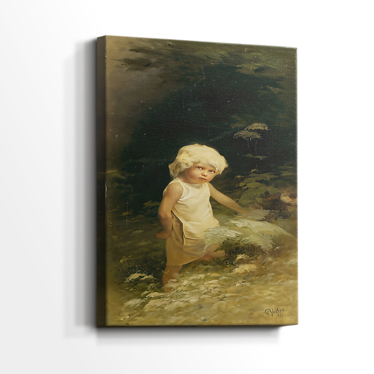 Side view of a canvas art print of a serene composition with nature and gentle tones, showing gallery-wrapped depth.
