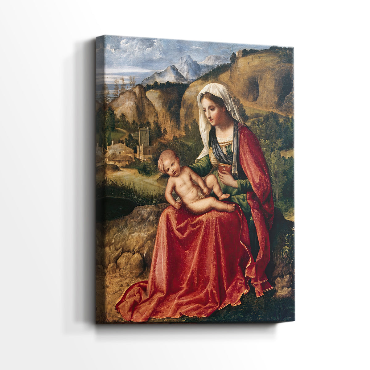 Side view of a canvas art print of a devotional scene with balanced color and gentle light, showing gallery-wrapped depth.