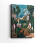 Side view of a canvas art print of a dramatic landscape with contrasting light and shadow, showing gallery-wrapped depth.