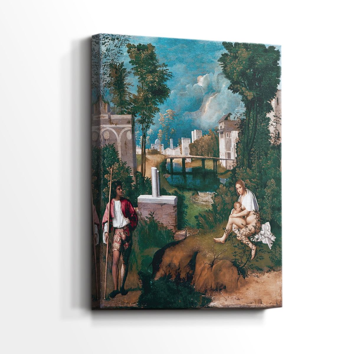 Side view of a canvas art print of a dramatic landscape with contrasting light and shadow, showing gallery-wrapped depth.