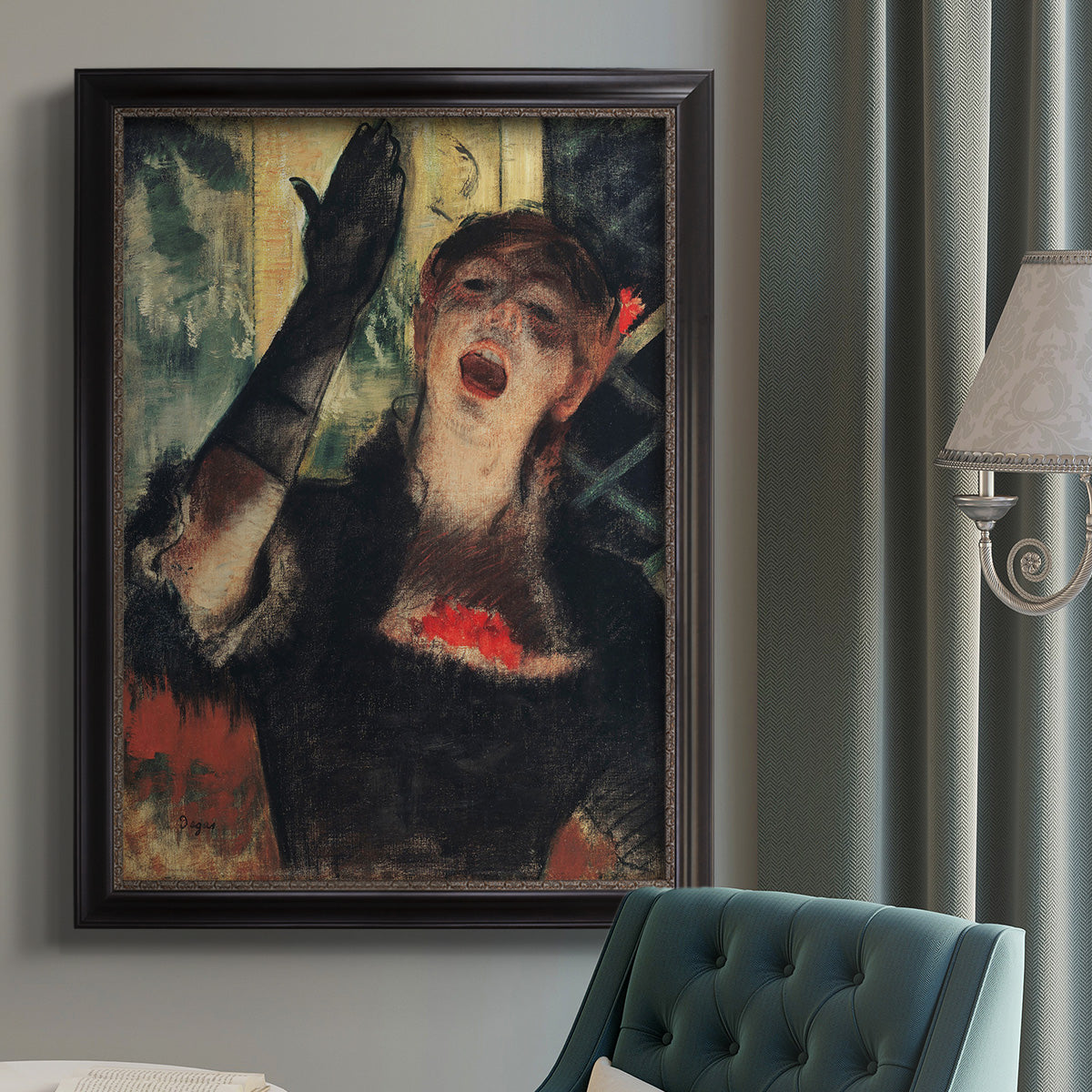 Impressionist portrait of a café singer by Edgar Degas in an {frame_style_descriptor} displayed in a neutral interior setting.
