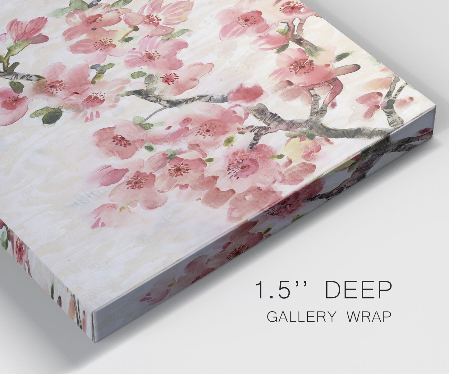 Close-up view of wrapped canvas corner featuring blooming cherry blossom branches.