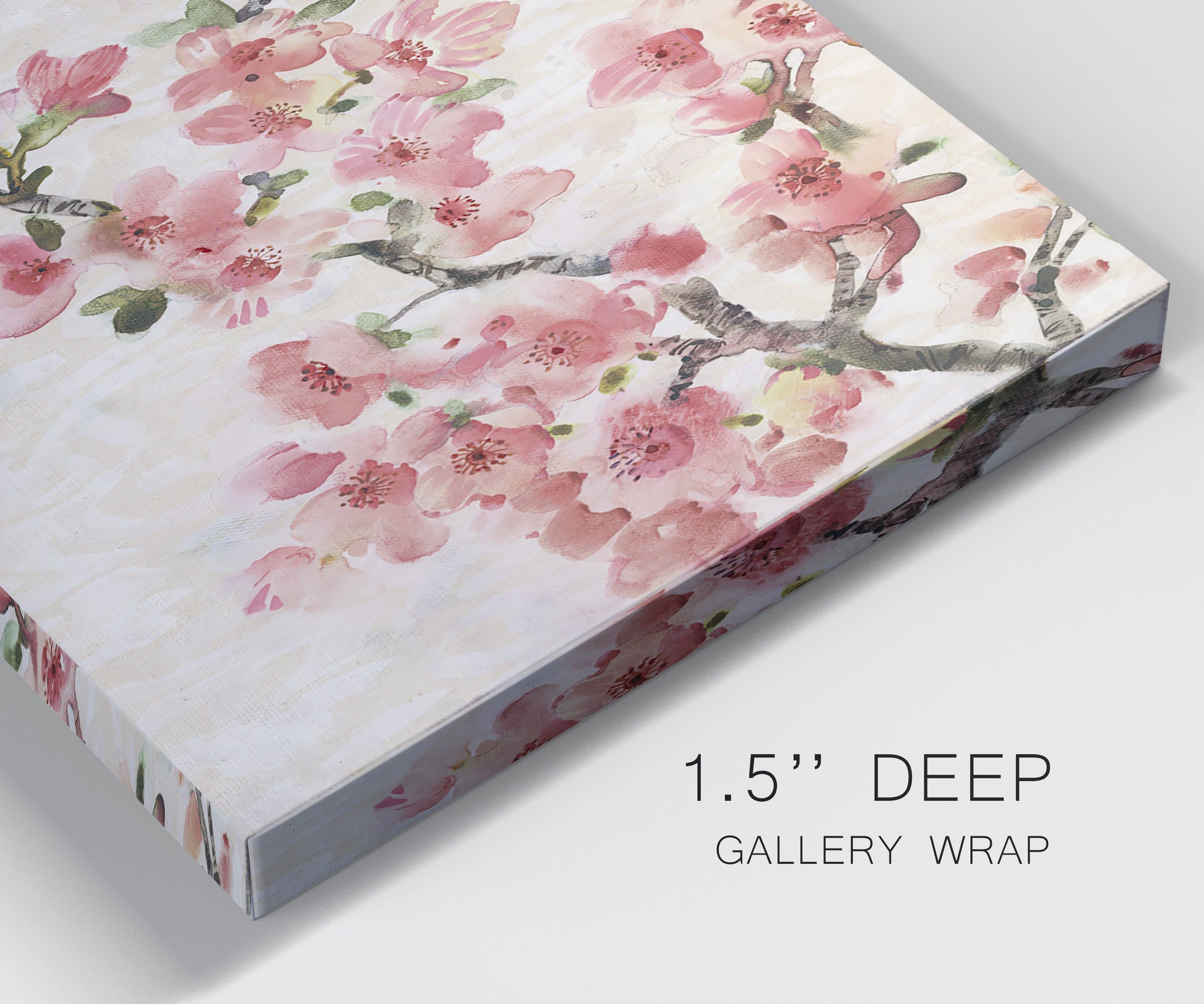 Close-up view of wrapped canvas corner featuring blooming cherry blossom branches.