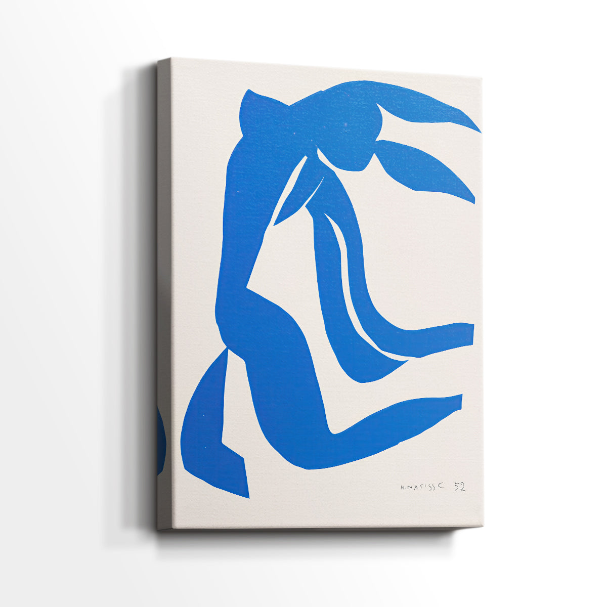 Side view of a canvas art print of a modern collage-like image with fluid organic forms, showing gallery-wrapped depth.