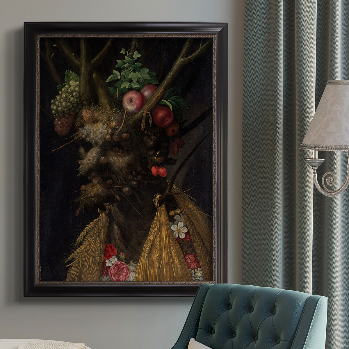 Surreal allegorical portrait representing the four seasons by Giuseppe Arcimboldo in an {frame_style_descriptor} displayed in a neutral interior setting.