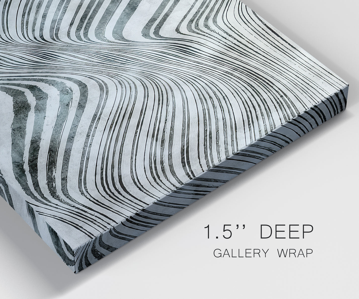 Close-up view of wrapped canvas corner featuring coastal shoreline with gentle surf.