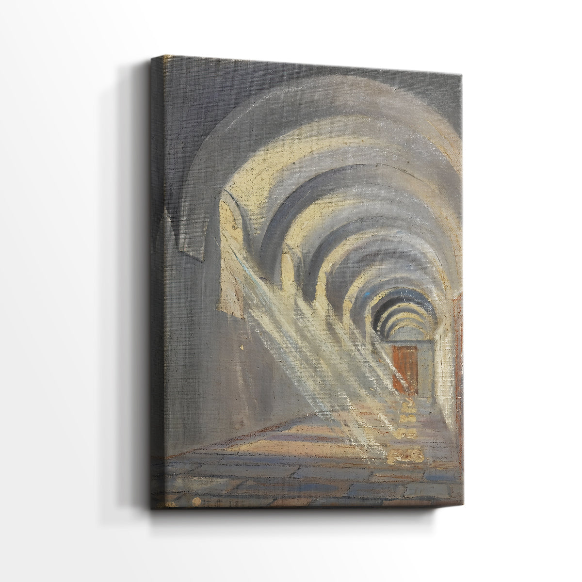 Side view of a canvas art print of a geometric space with slanting beams of sunlight, showing gallery-wrapped depth.
