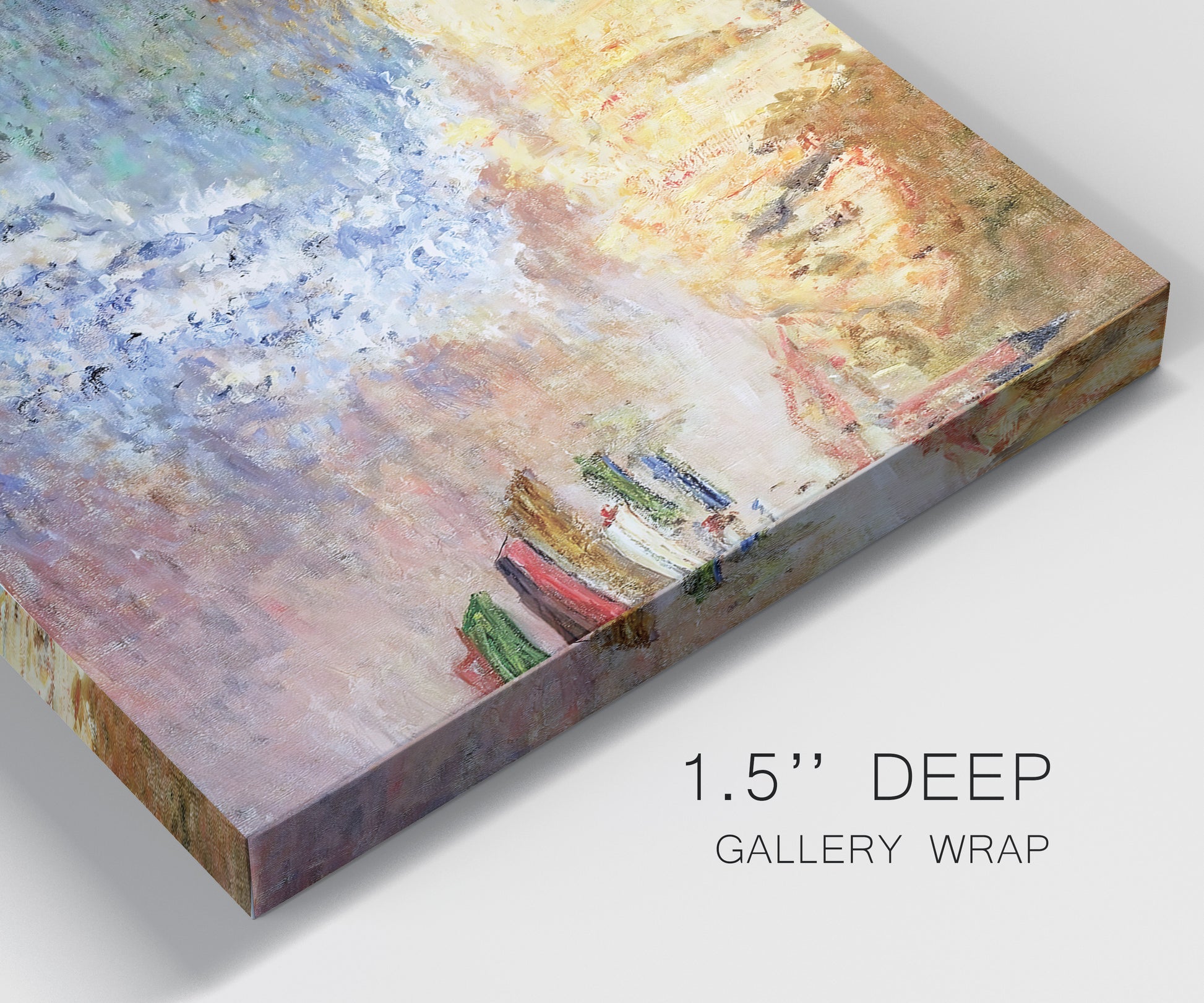 Close-up view of wrapped canvas corner featuring figures along rocky beach.