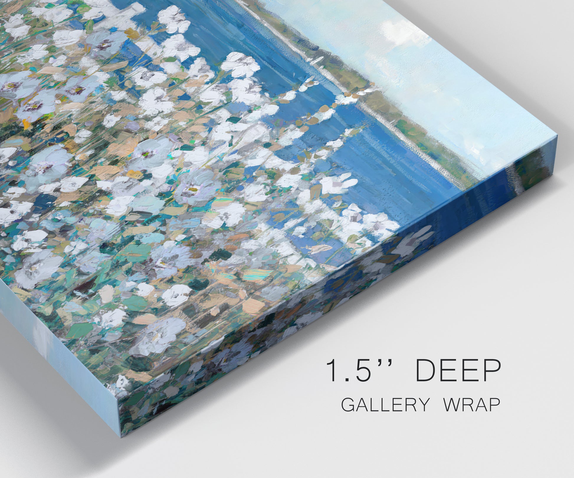 Close-up view of wrapped canvas corner featuring coastal garden overlooking bay.