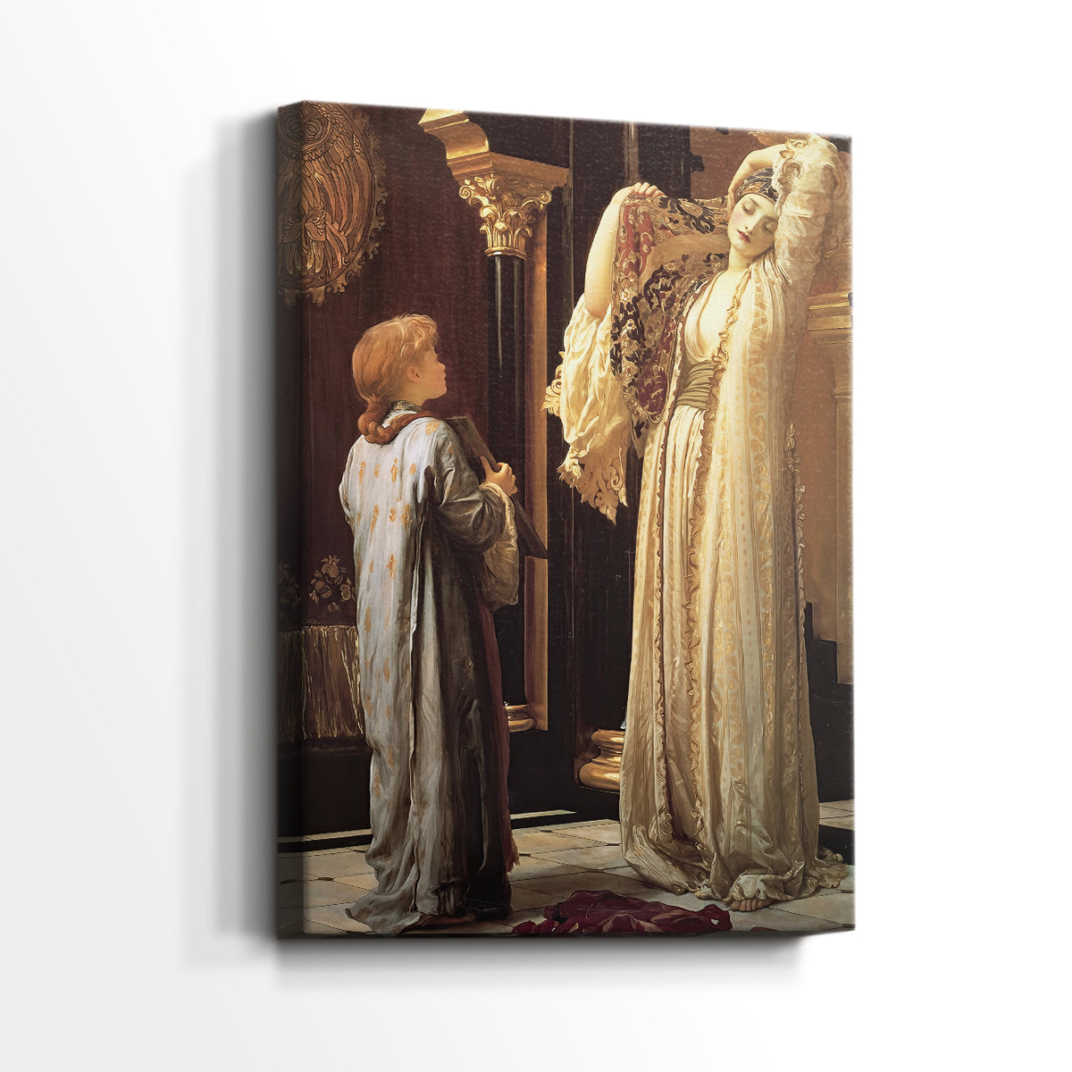 Side view of a canvas art print of a warm-toned composition with relaxed poses and drapery, showing gallery-wrapped depth.