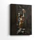 Side view of a canvas art print of a composed room with subtle detail and interaction, showing gallery-wrapped depth.