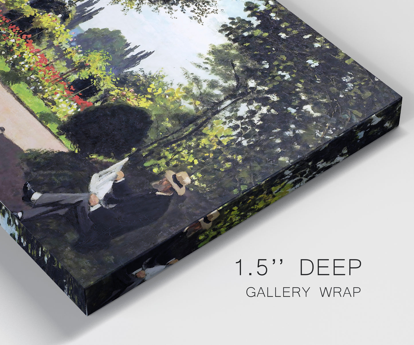Close-up view of wrapped canvas corner featuring coastal garden overlooking sea.
