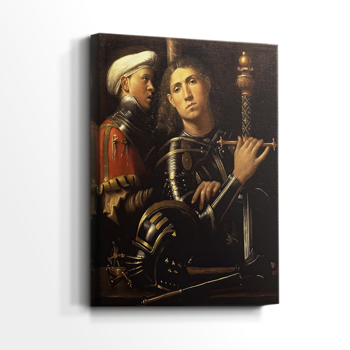 Side view of a canvas art print of a classical scene with detailed clothing and subtle lighting, showing gallery-wrapped depth.