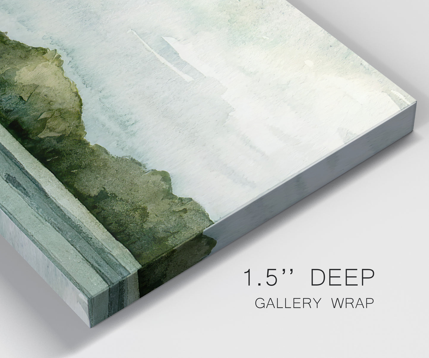 Close-up view of wrapped canvas corner featuring riverbank watercolor landscape.