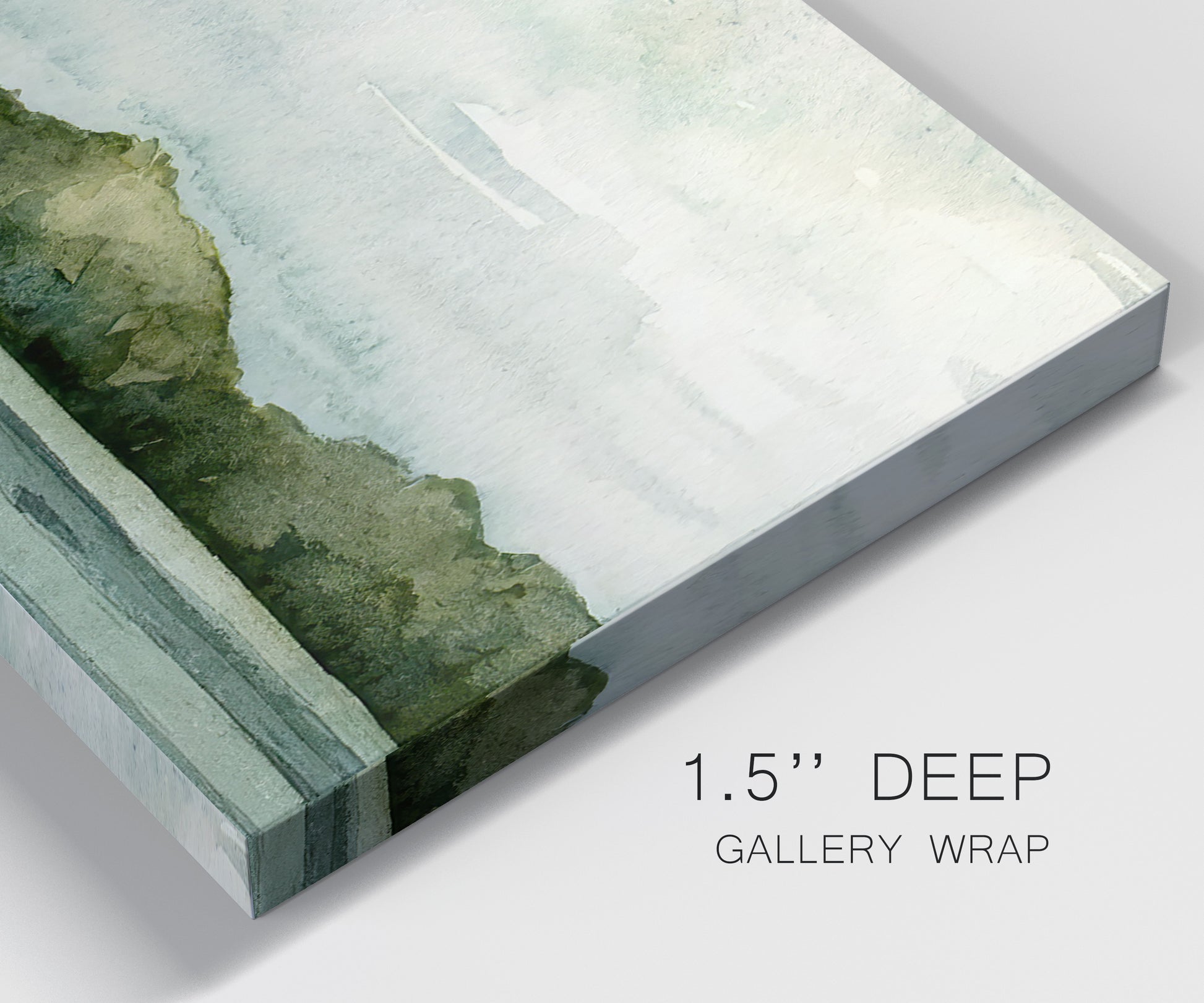 Close-up view of wrapped canvas corner featuring riverbank watercolor landscape.