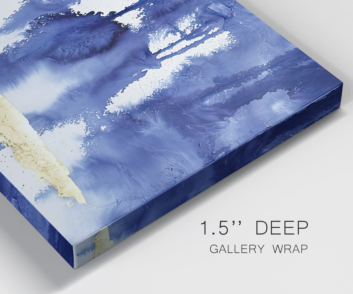 Close-up view of wrapped canvas corner featuring saturated abstract color fields.