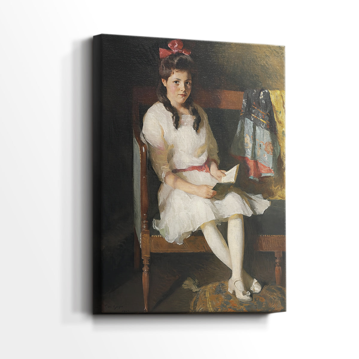 Side view of a canvas art print of a composed portrait with smooth texture and subtle highlights, showing gallery-wrapped depth.