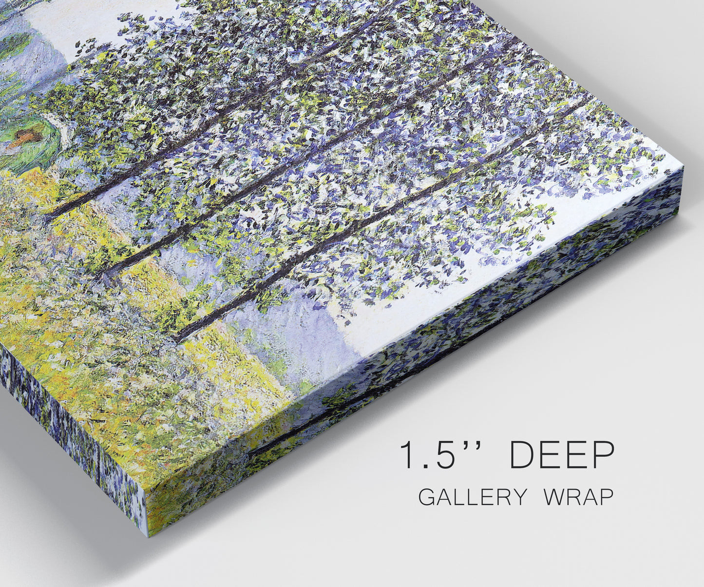 Close-up view of wrapped canvas corner featuring sunlight filtering through tall poplars.