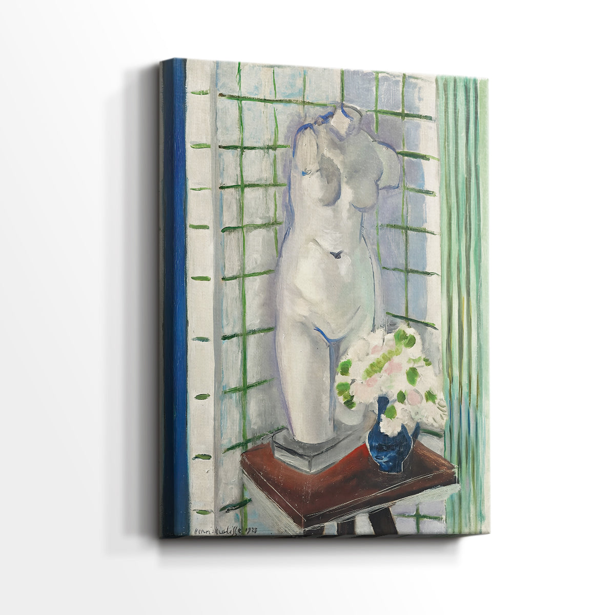 Side view of a canvas art print of a stylized arrangement with bold tones and mixed objects, showing gallery-wrapped depth.