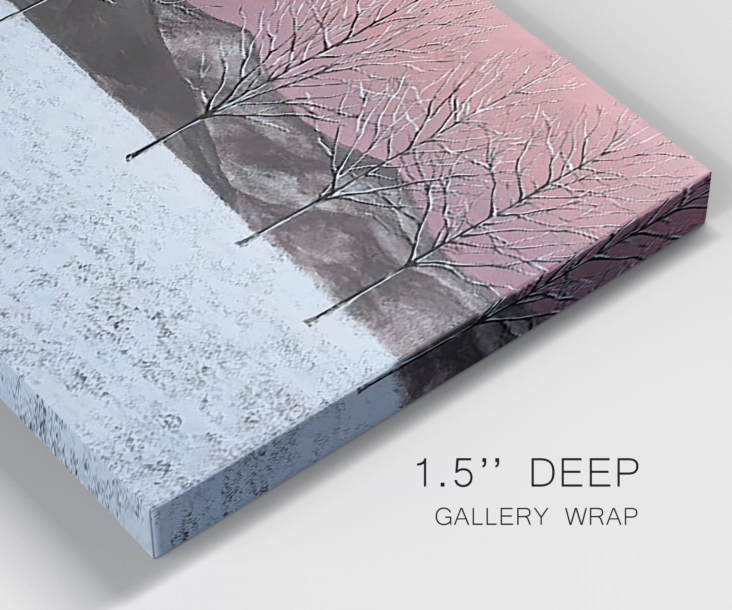 Close-up view of wrapped canvas corner featuring winter sunset snowfall landscape.