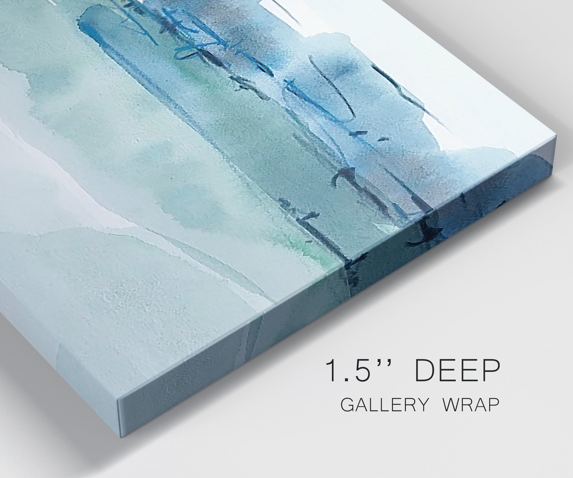 Close-up view of wrapped canvas corner featuring minimalist ultramarine abstract vista.