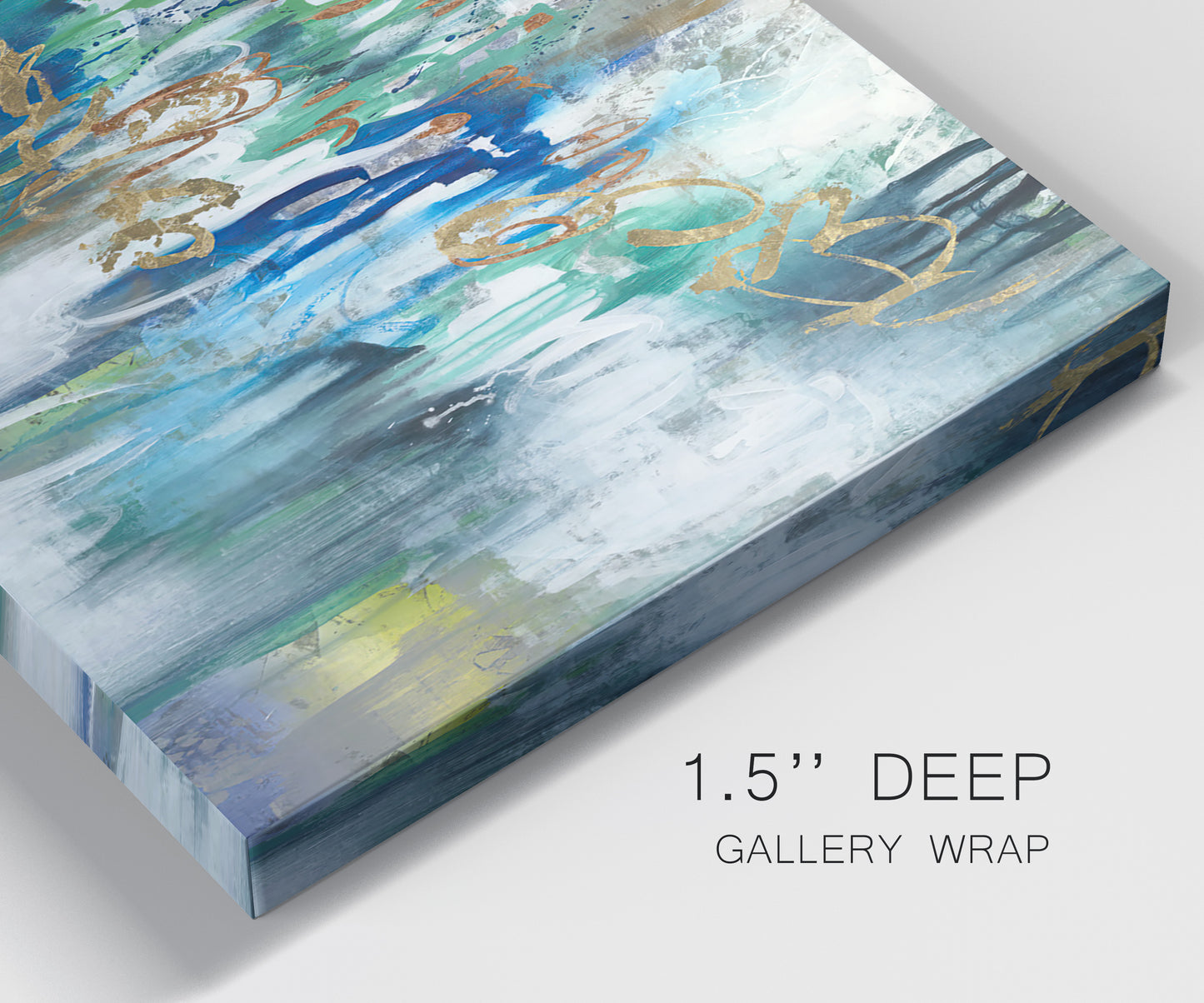 Close-up view of wrapped canvas corner featuring joyful abstract color harmony.
