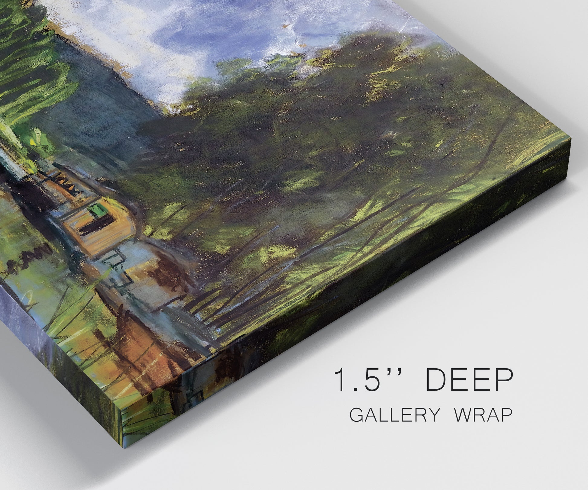 Close-up view of wrapped canvas corner featuring riverbank landscape near village.