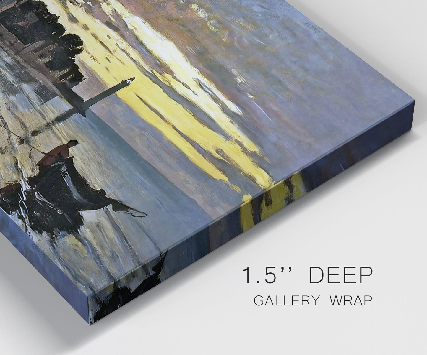 Close-up view of wrapped canvas corner featuring river at dusk with fading light.