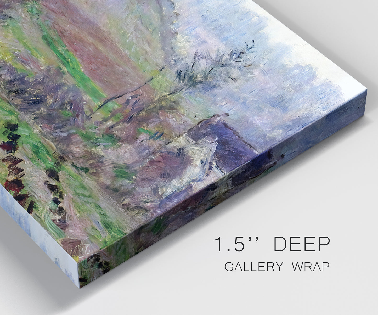 Close-up view of wrapped canvas corner featuring cliffside cottage overlooking sea.