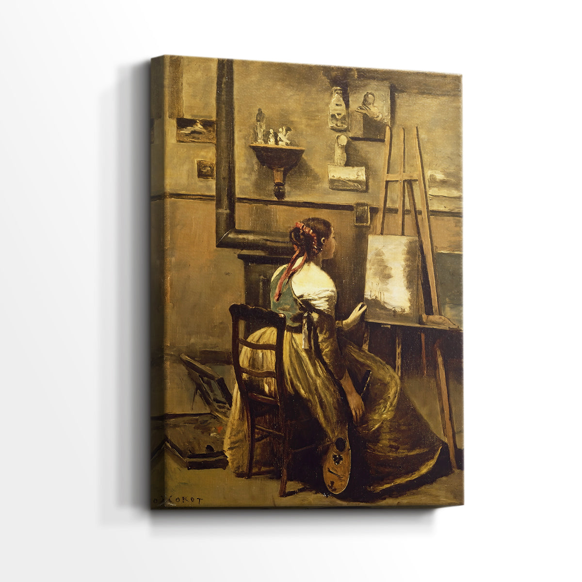 Side view of a canvas art print of a quiet interior with artistic objects and subtle detail, showing gallery-wrapped depth.